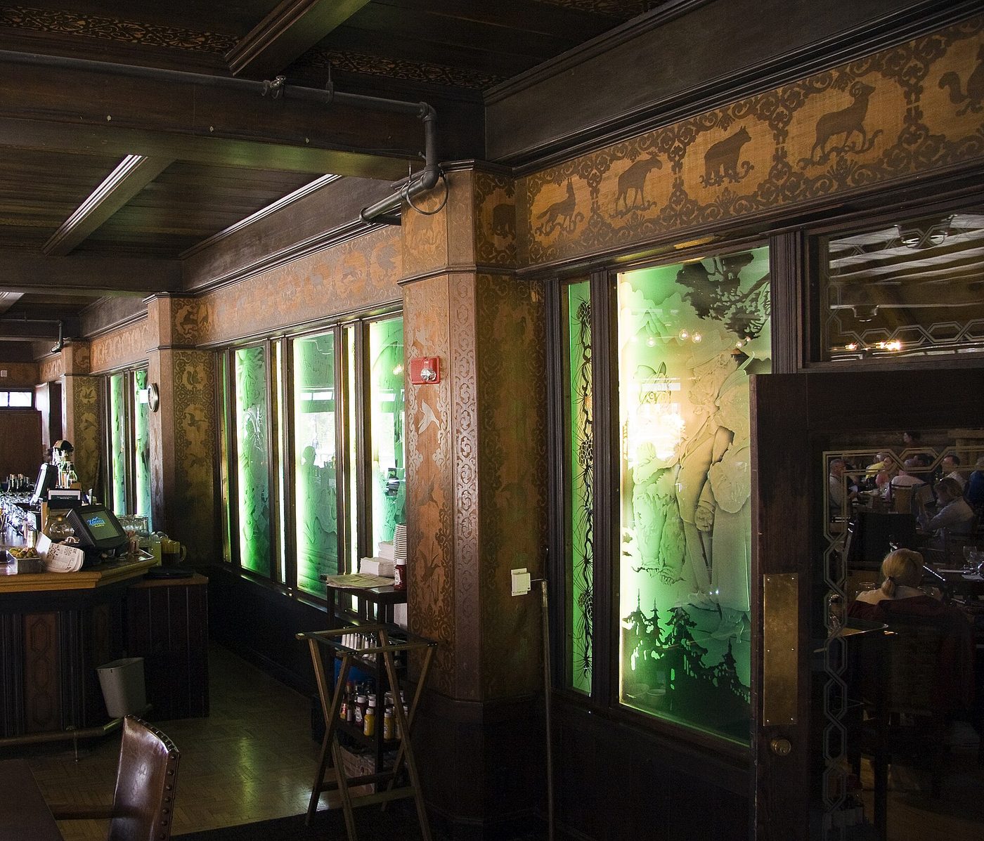 The Bear Pit Lounge with its etched glass panels and dark wood interior