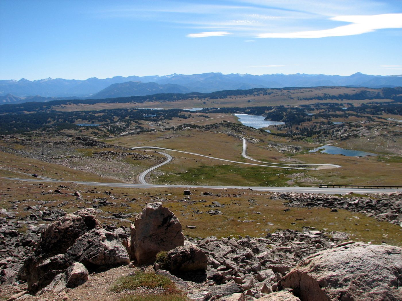 Beartooth Highway switchbacks winding across an alpine plateau dotted with lakes