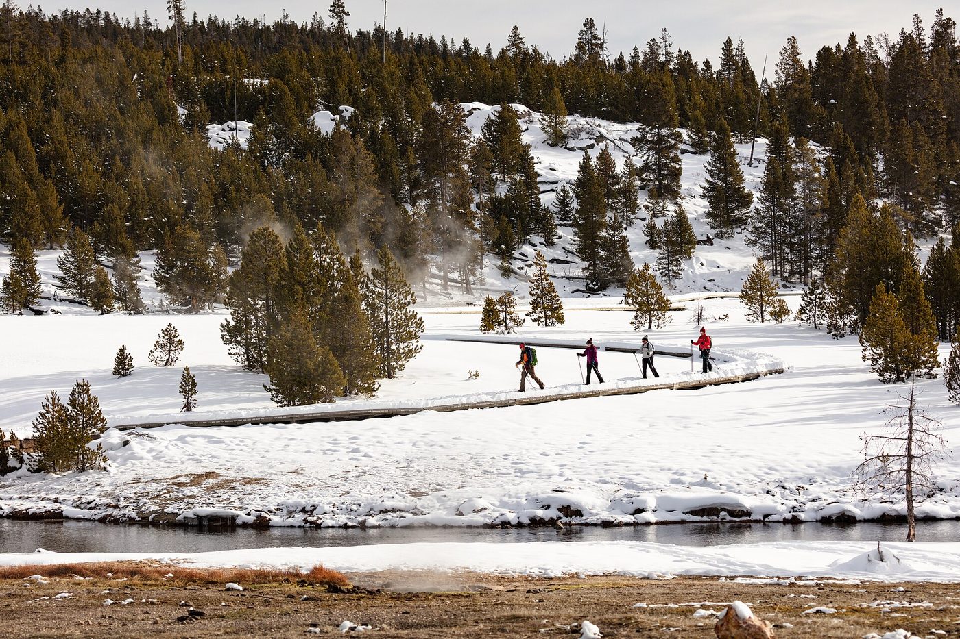 A line of visitors walking a boardwalk through a snow-covered geyser basin