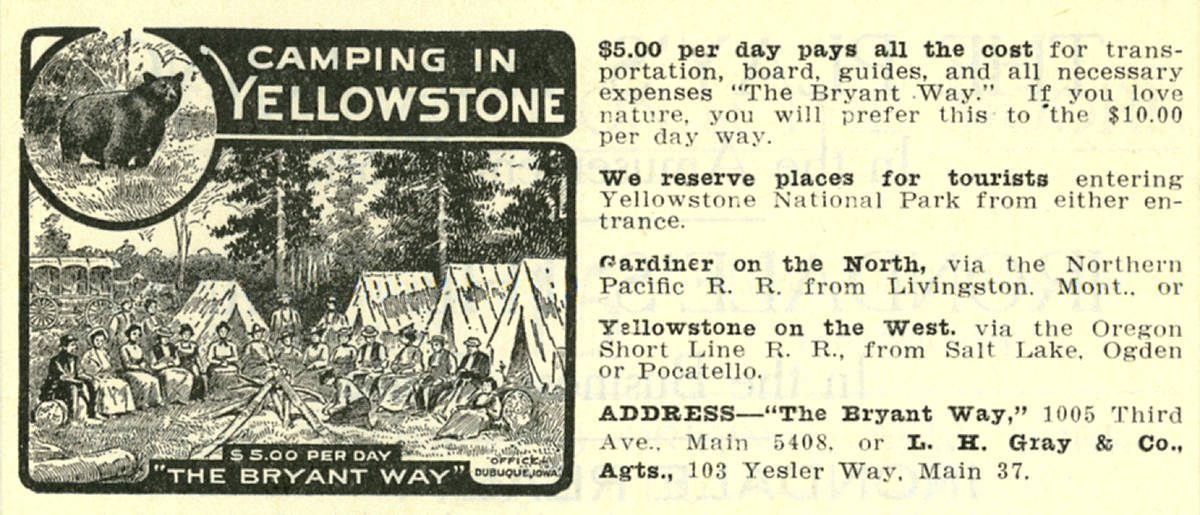 1909 newspaper advertisement for guided camping tours through the park with a tent illustration