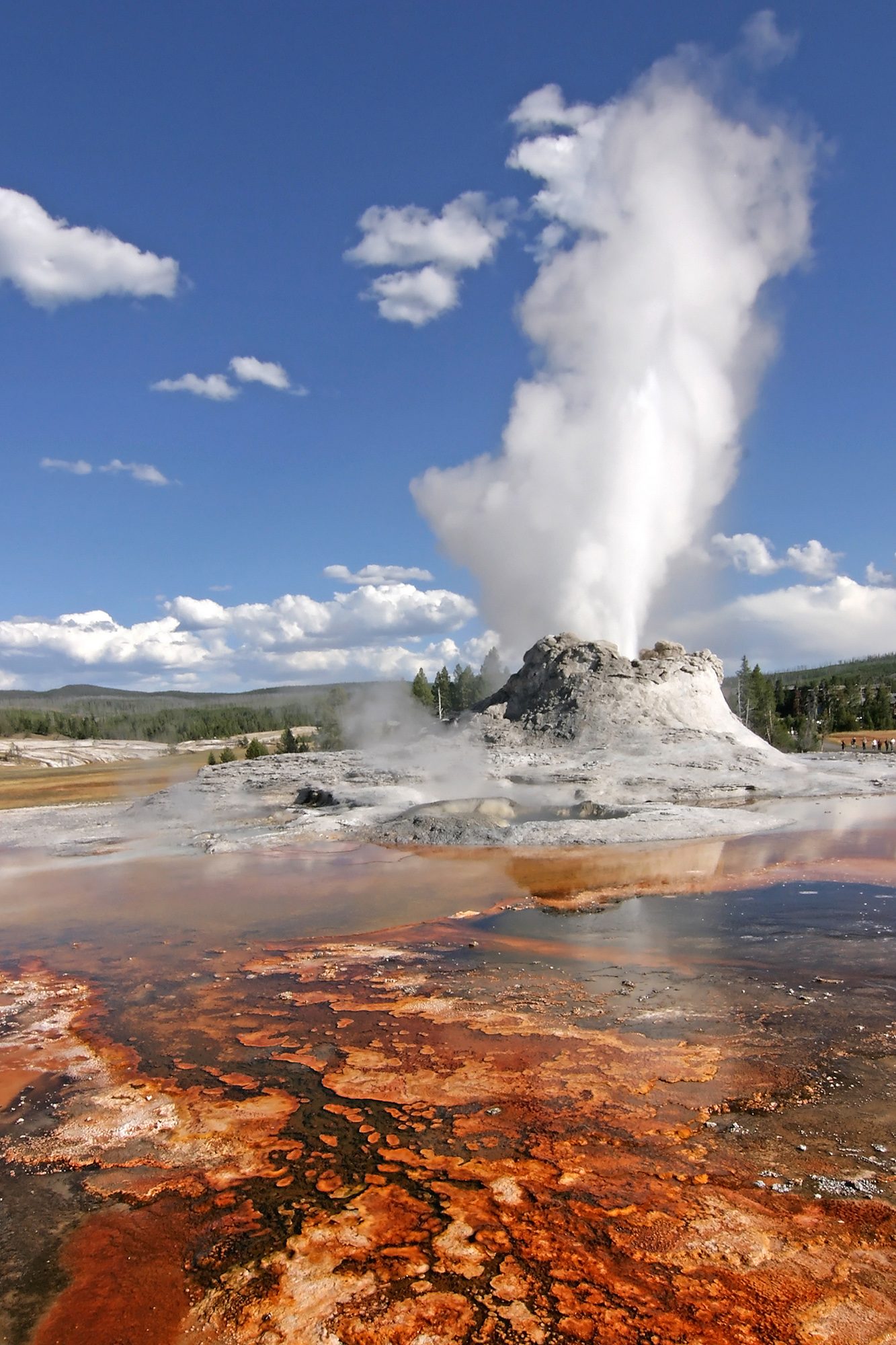Castle Geyser erupting from its large sinter cone above orange bacterial runoff