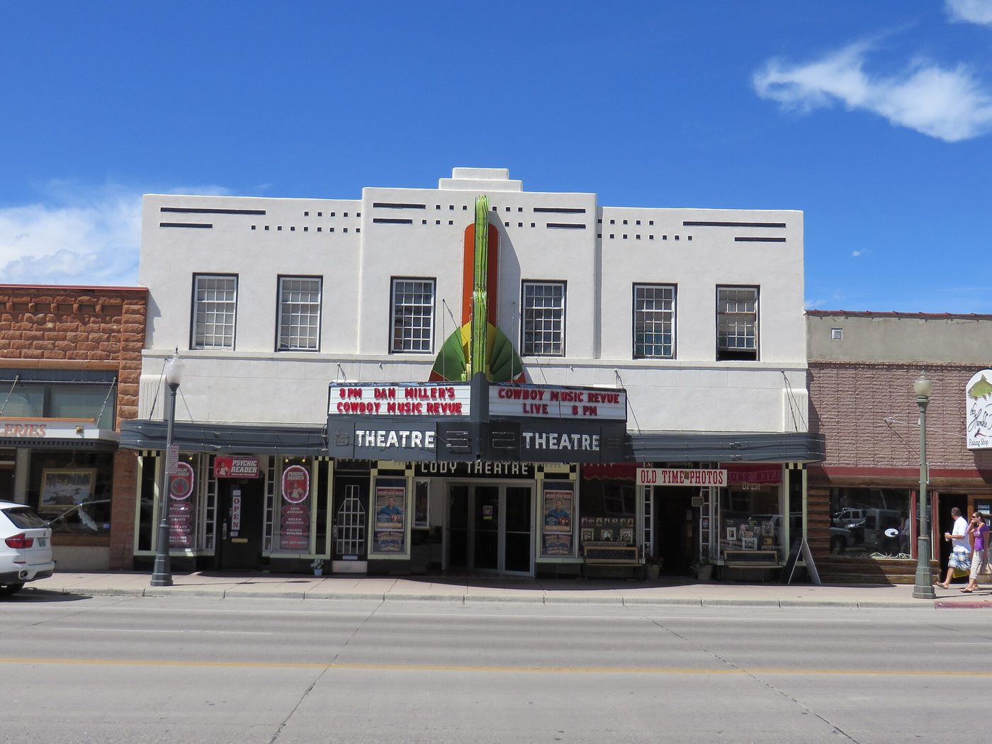 The Cody Theatre and neighbouring brick buildings on Sheridan Avenue in Cody, Wyoming