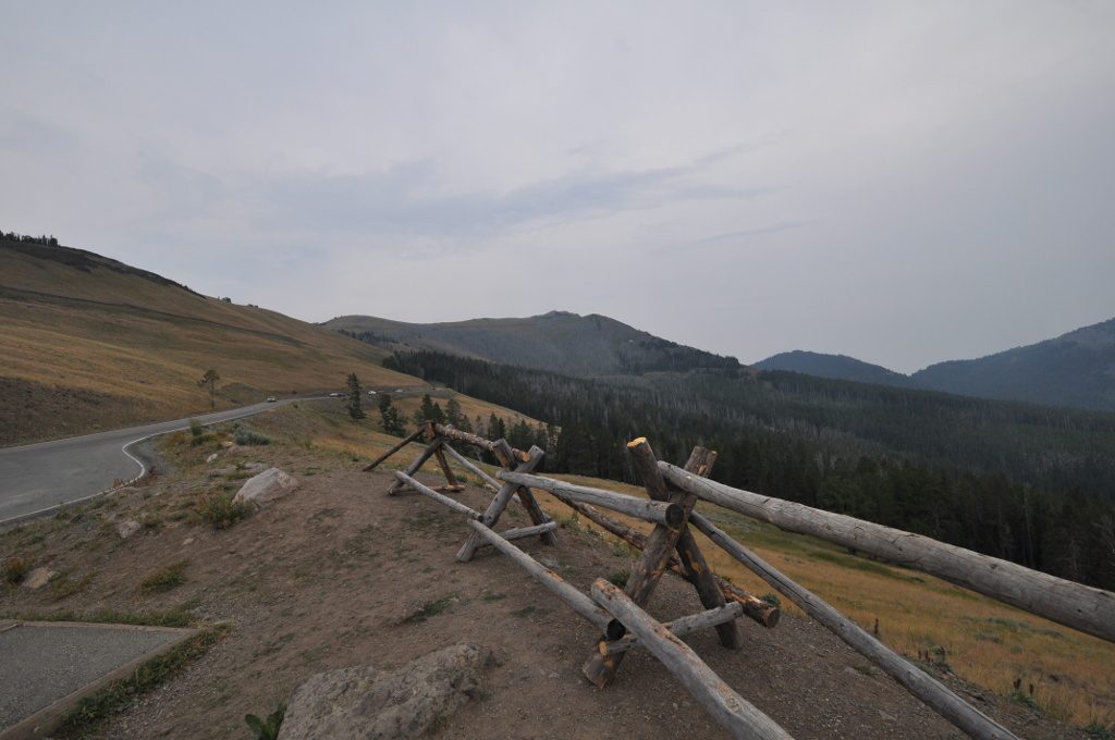 View across tawny autumn slopes toward Mount Washburn from Dunraven Pass