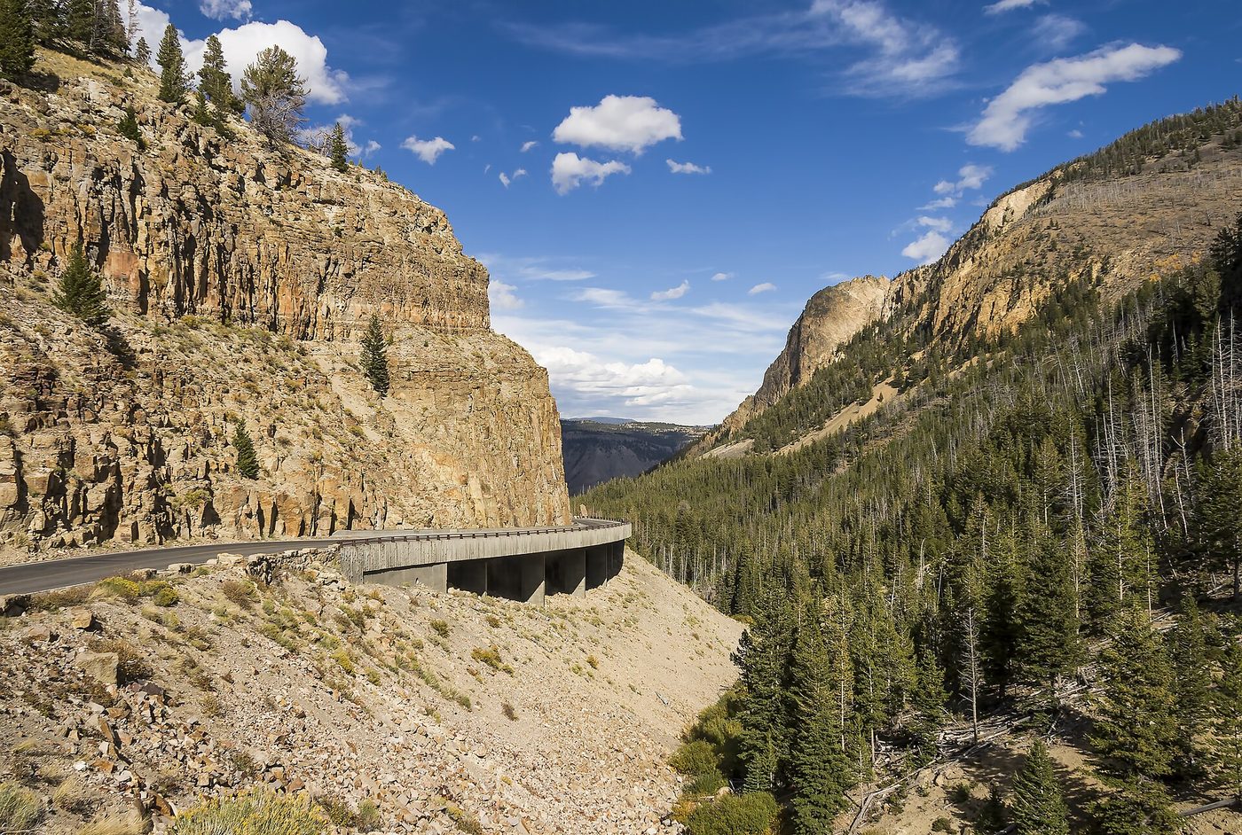 The road cantilevered along the cliff face at Golden Gate south of Mammoth Hot Springs