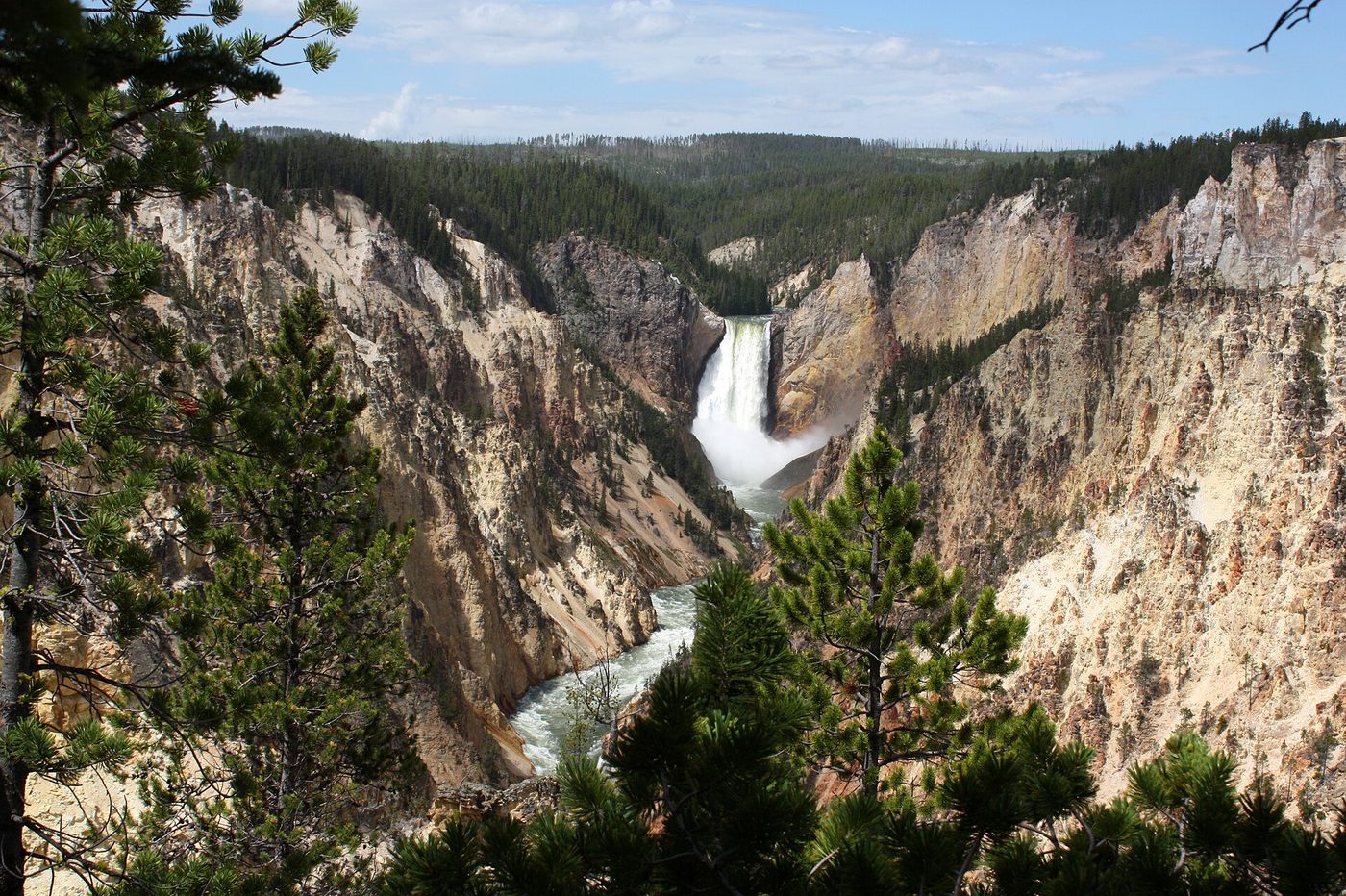 The Grand Canyon of the Yellowstone seen downstream from a rim viewpoint with the falls behind