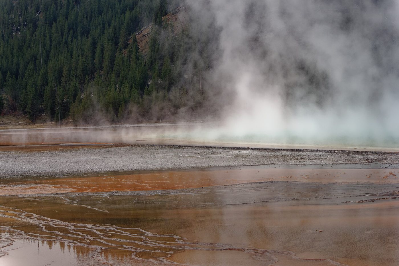Steam drifting across the orange runoff channels at the rim of Grand Prismatic Spring