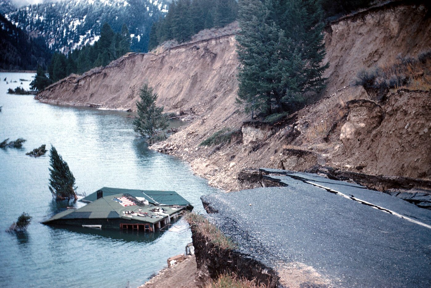 A highway broken and slumped into Hebgen Lake after the 1959 earthquake