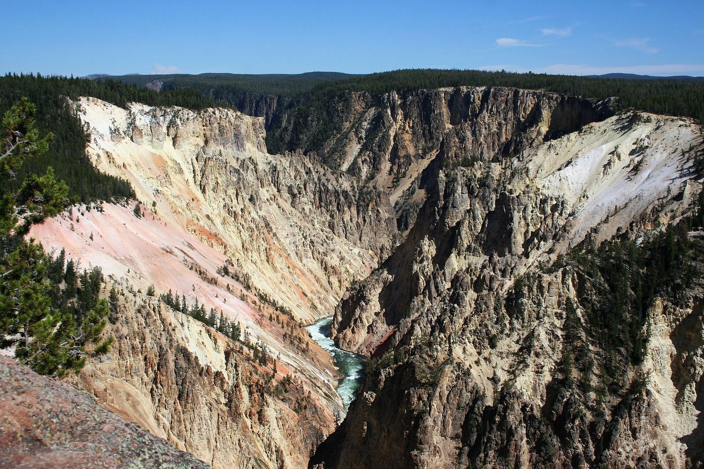 Pink, cream and yellow canyon walls dropping to a green river, viewed down-canyon
