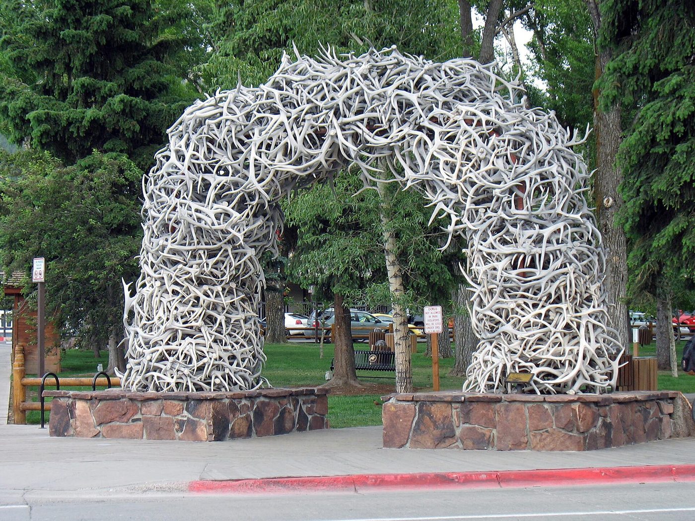 An arch built from thousands of shed elk antlers at a corner of the town square in Jackson, Wyoming