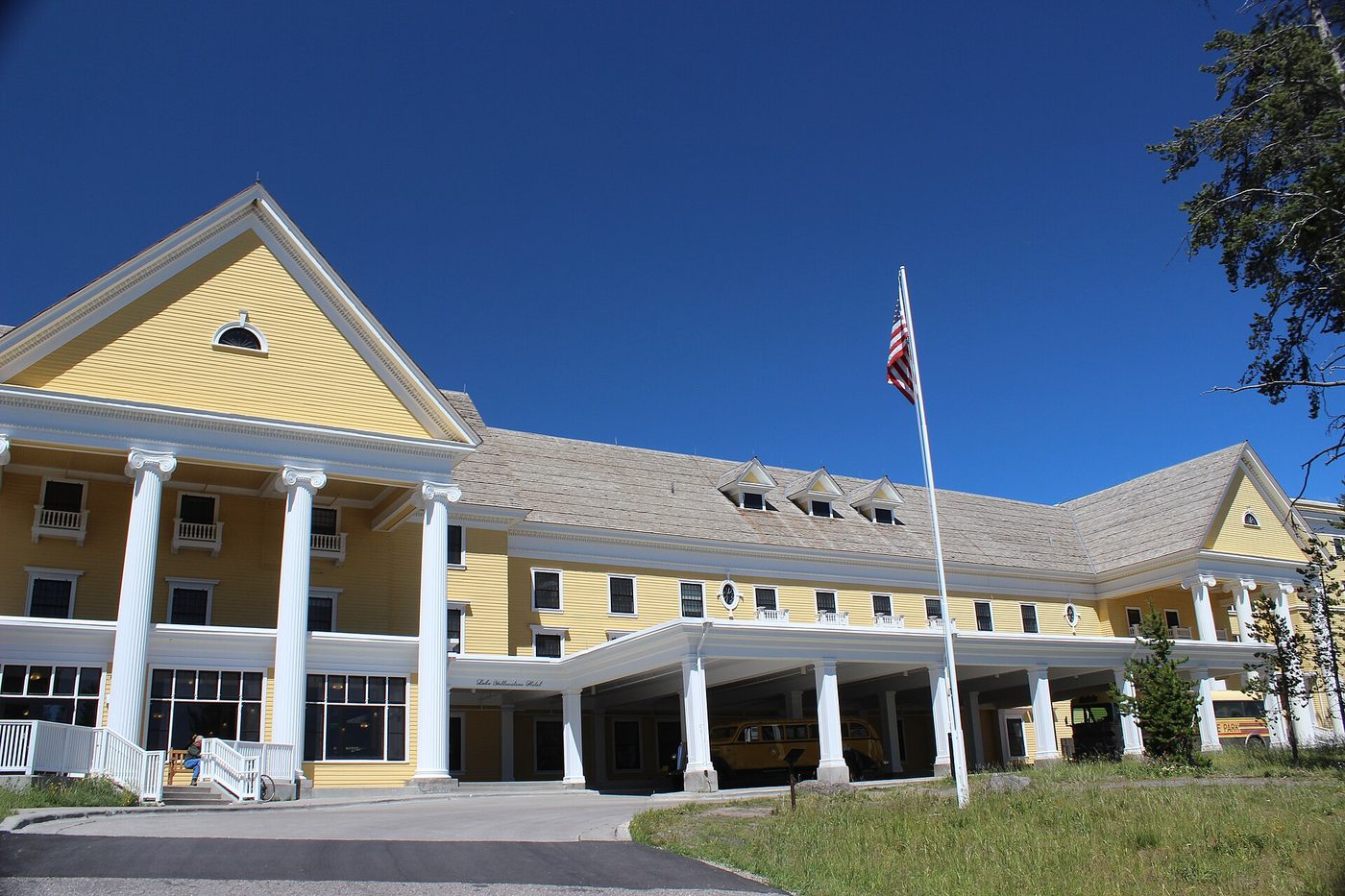 The full length of the hotel's clapboard facade with its dormers and false balconies