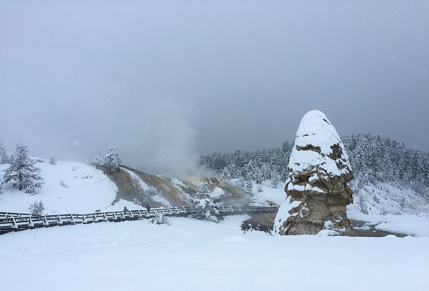 Liberty Cap and steaming Palette Spring at Mammoth Hot Springs under fresh snow
