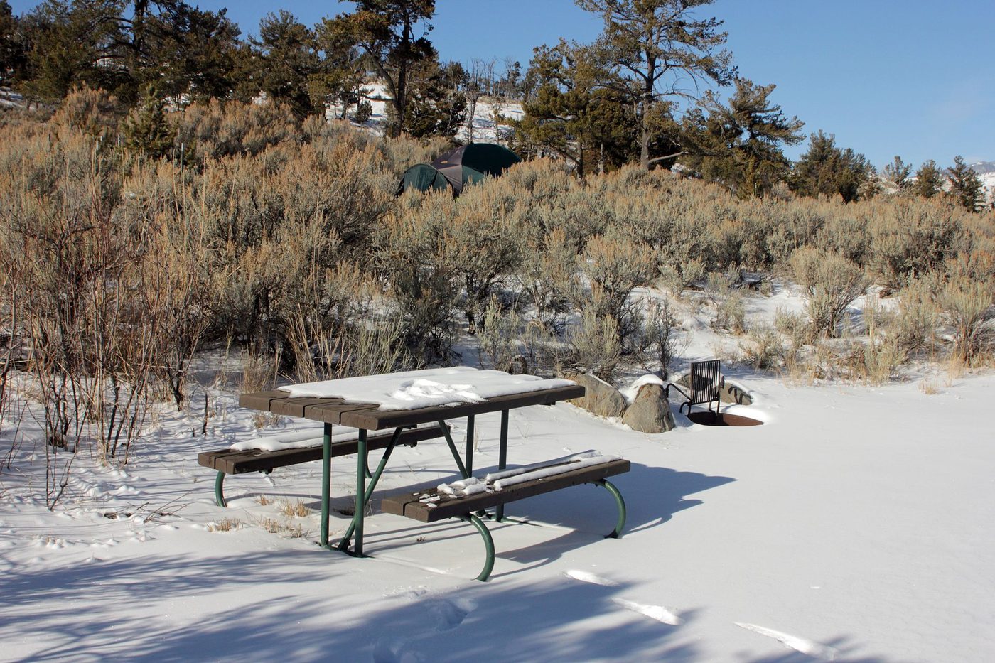 Snow-covered picnic table and site among sagebrush in winter