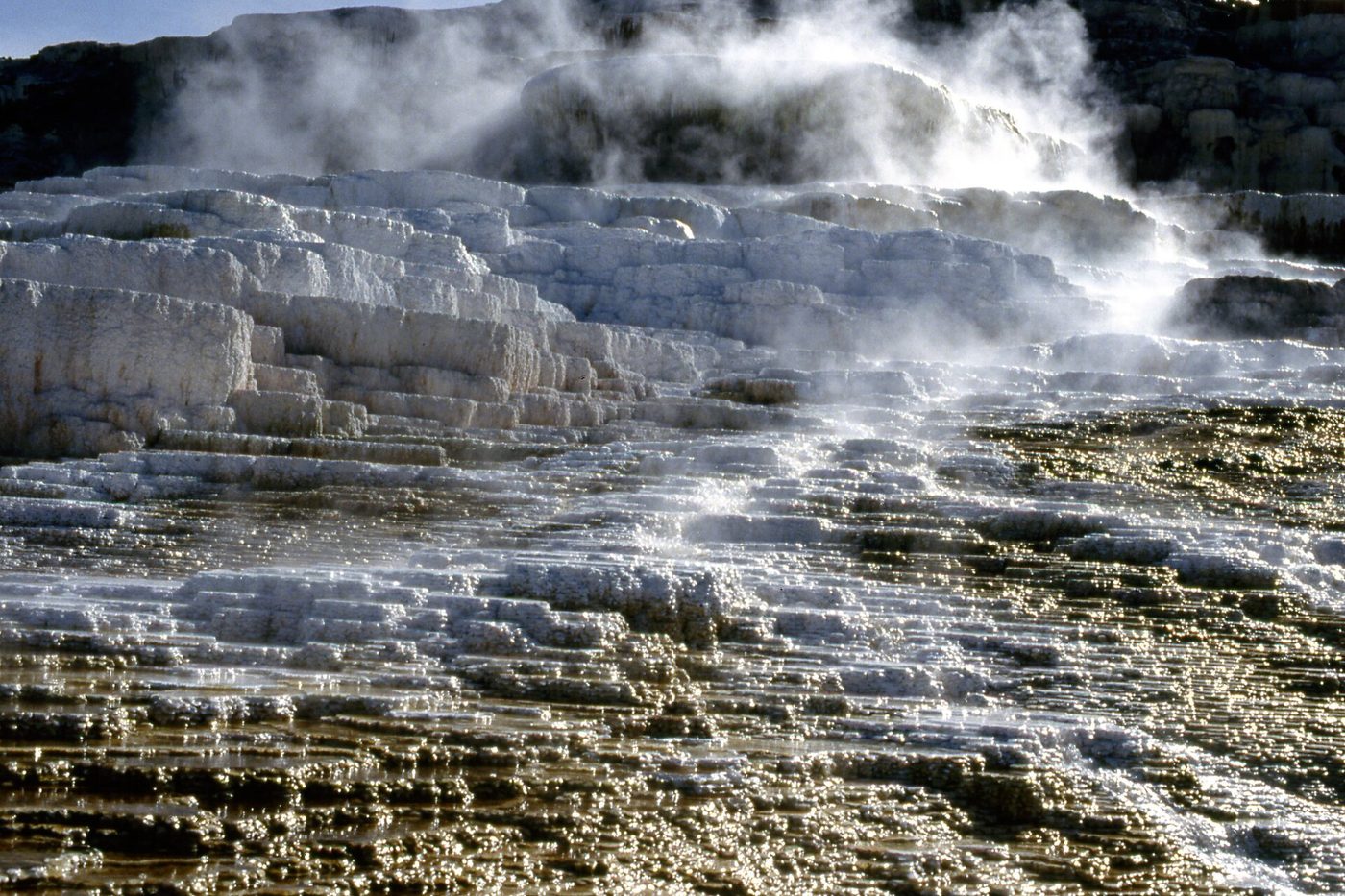 Steam rising off the white travertine terraces at Mammoth Hot Springs in low sunlight