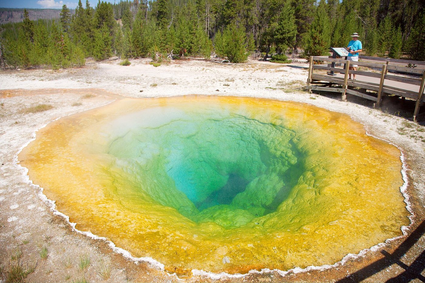 Morning Glory Pool's blue-green center ringed with yellow and orange, beside a boardwalk