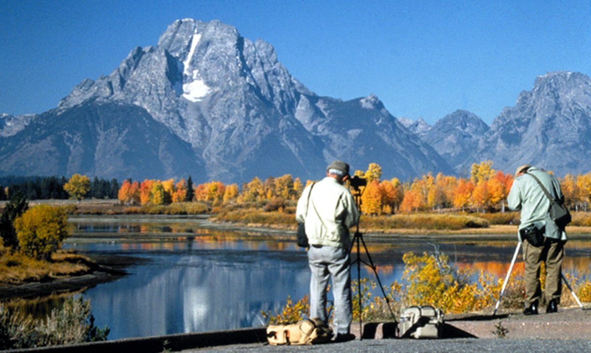 Photographers with tripods at Oxbow Bend facing Mount Moran and golden autumn aspens