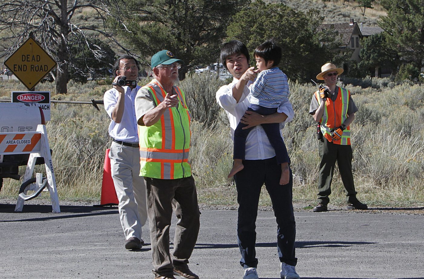 A ranger and a volunteer holding visitors back from elk beside a road