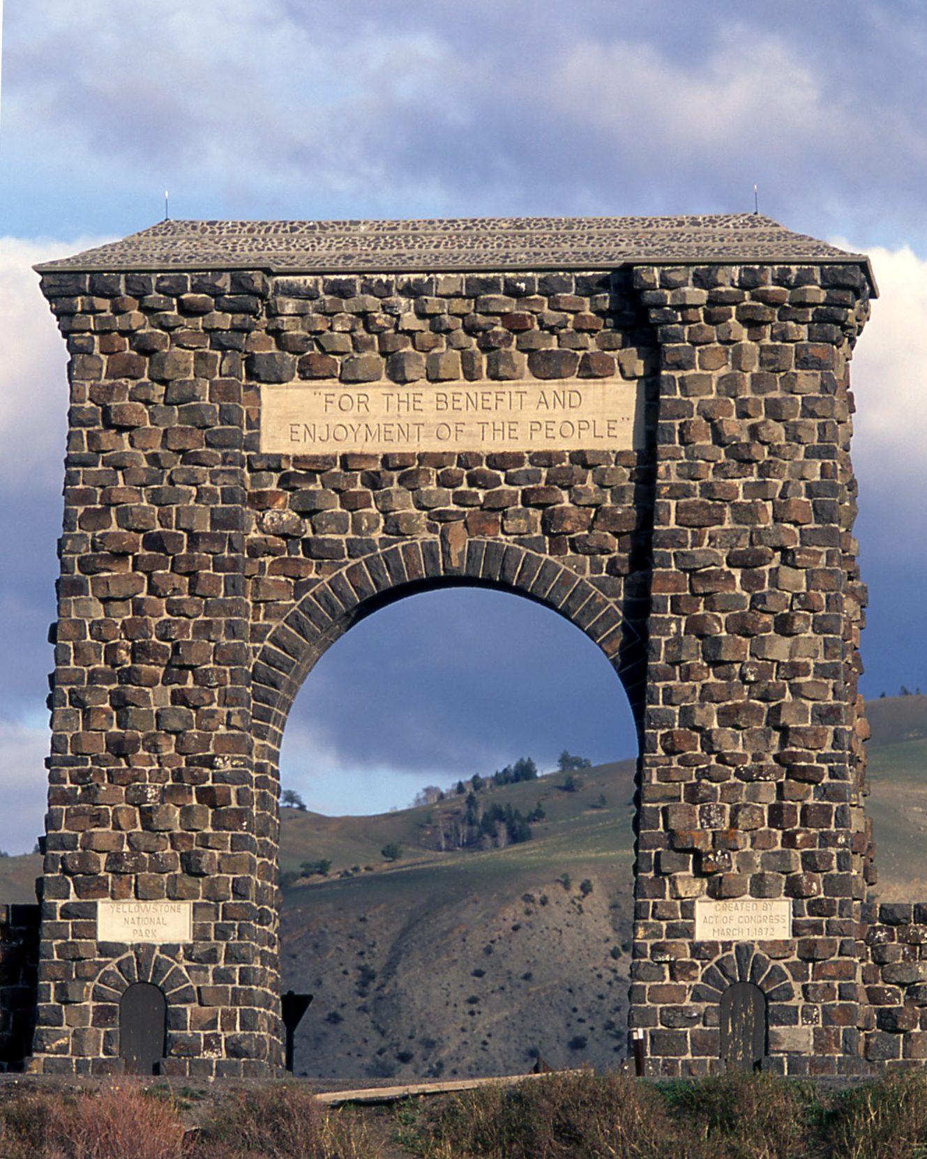 The stone Roosevelt Arch at the North Entrance, inscribed for the benefit and enjoyment of the people