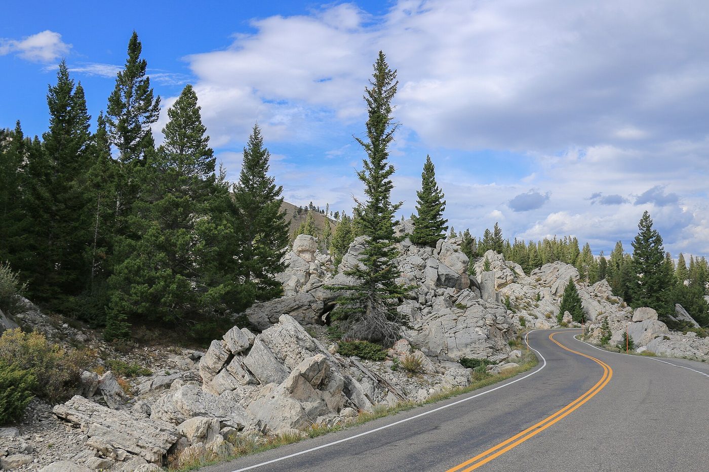 A road curving through a jumble of pale boulders and pines at the Silver Gate