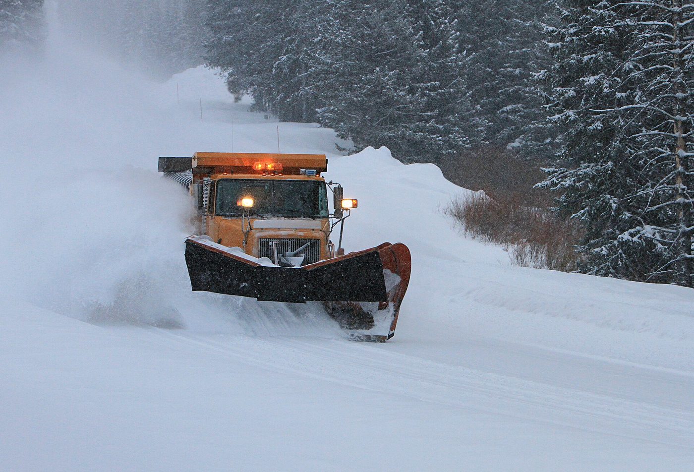 An orange snowplow throwing snow on a forested road outside the Northeast Entrance