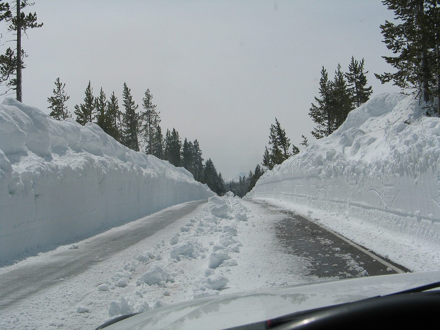 A plowed lane between walls of snow taller than a car on a park road in spring