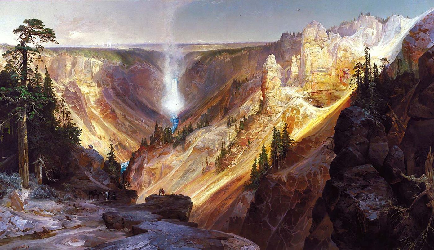 Thomas Moran painting of a golden canyon with a distant waterfall and tiny figures on a rock ledge