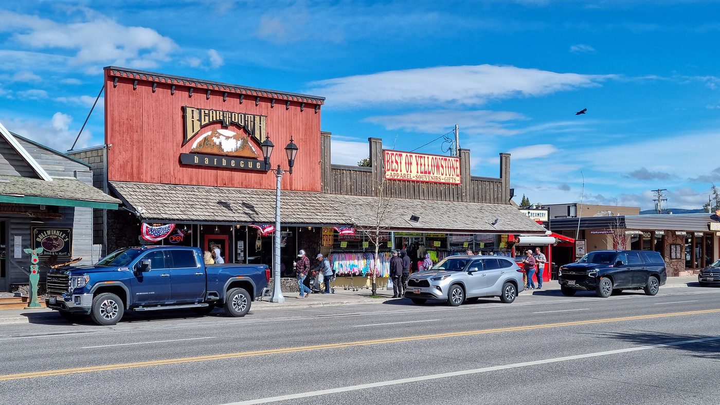 Shops and restaurants along North Canyon Street in West Yellowstone, Montana