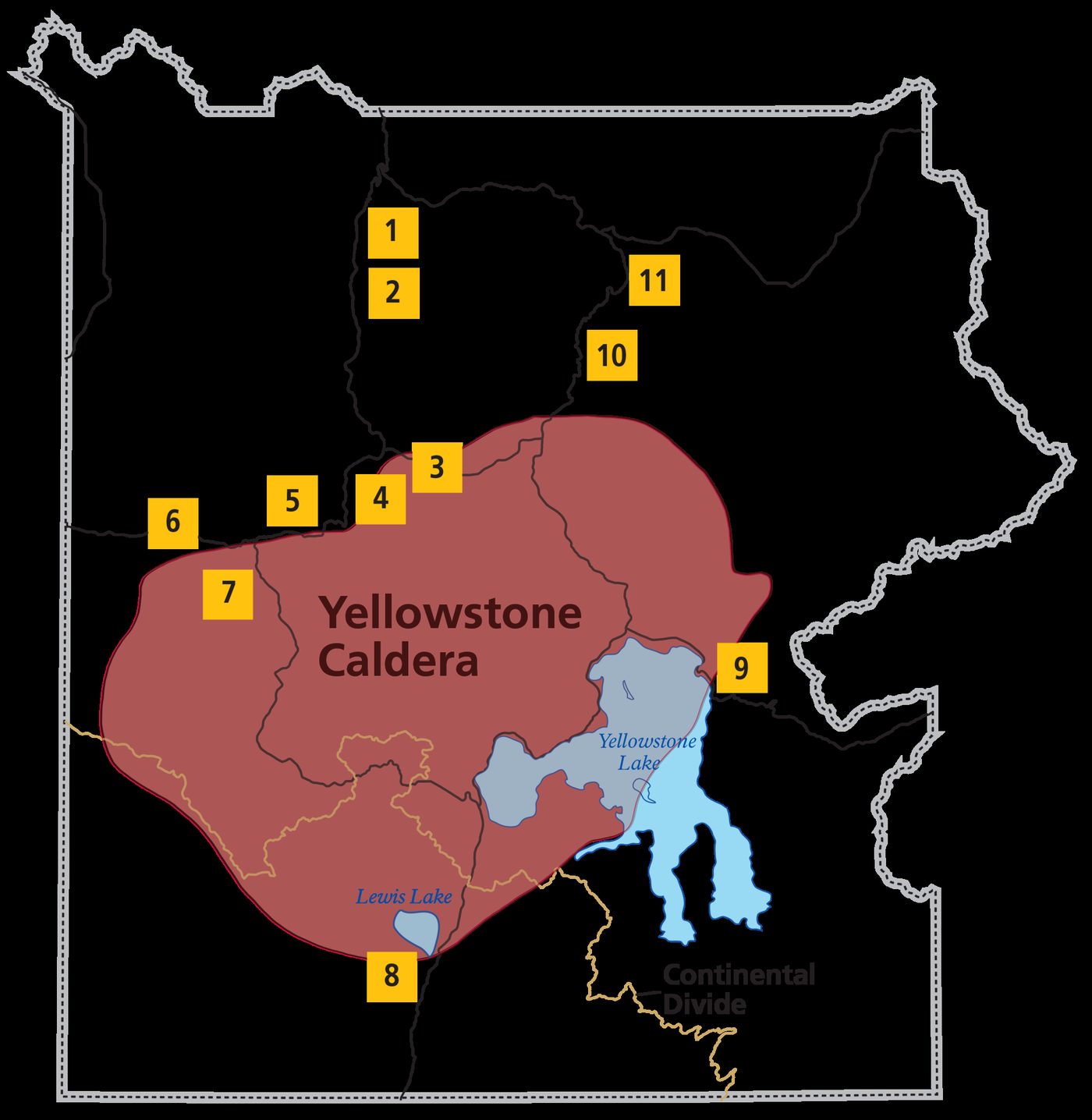 Park map with numbered points showing where visitors can see volcanic flows and the caldera outline