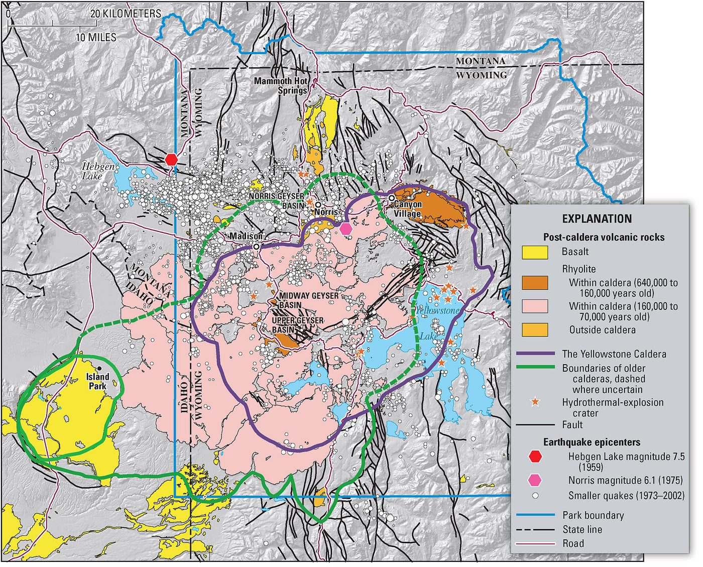 Geologic map showing the caldera boundary, post-caldera lava flows and earthquake epicenters